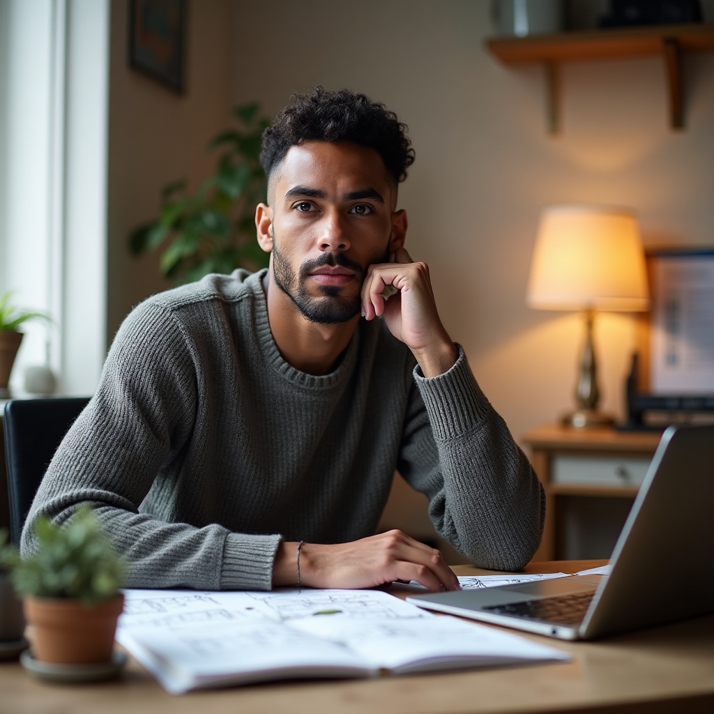 Program coordinator seated at a desk with rooftop solar diagrams and notes