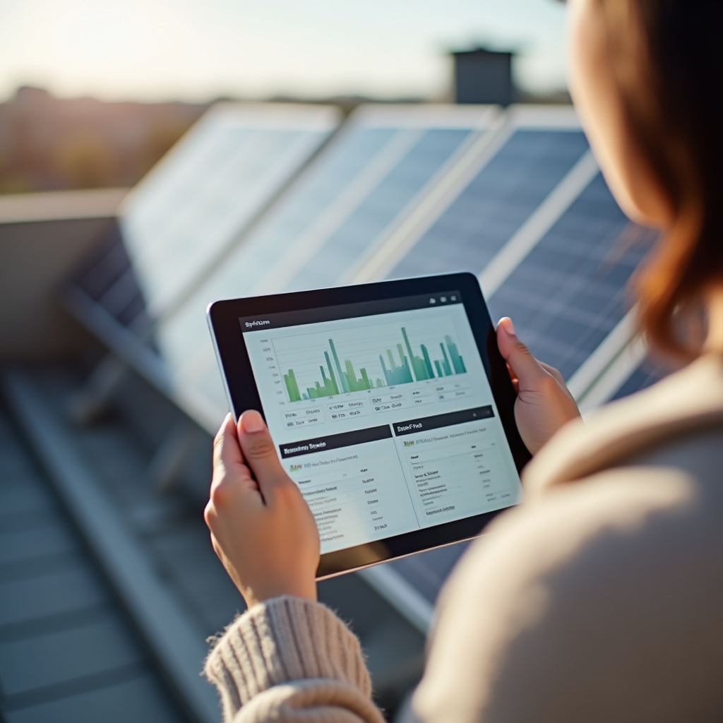 Person reviewing a solar monitoring dashboard on a tablet outdoors near a rooftop array