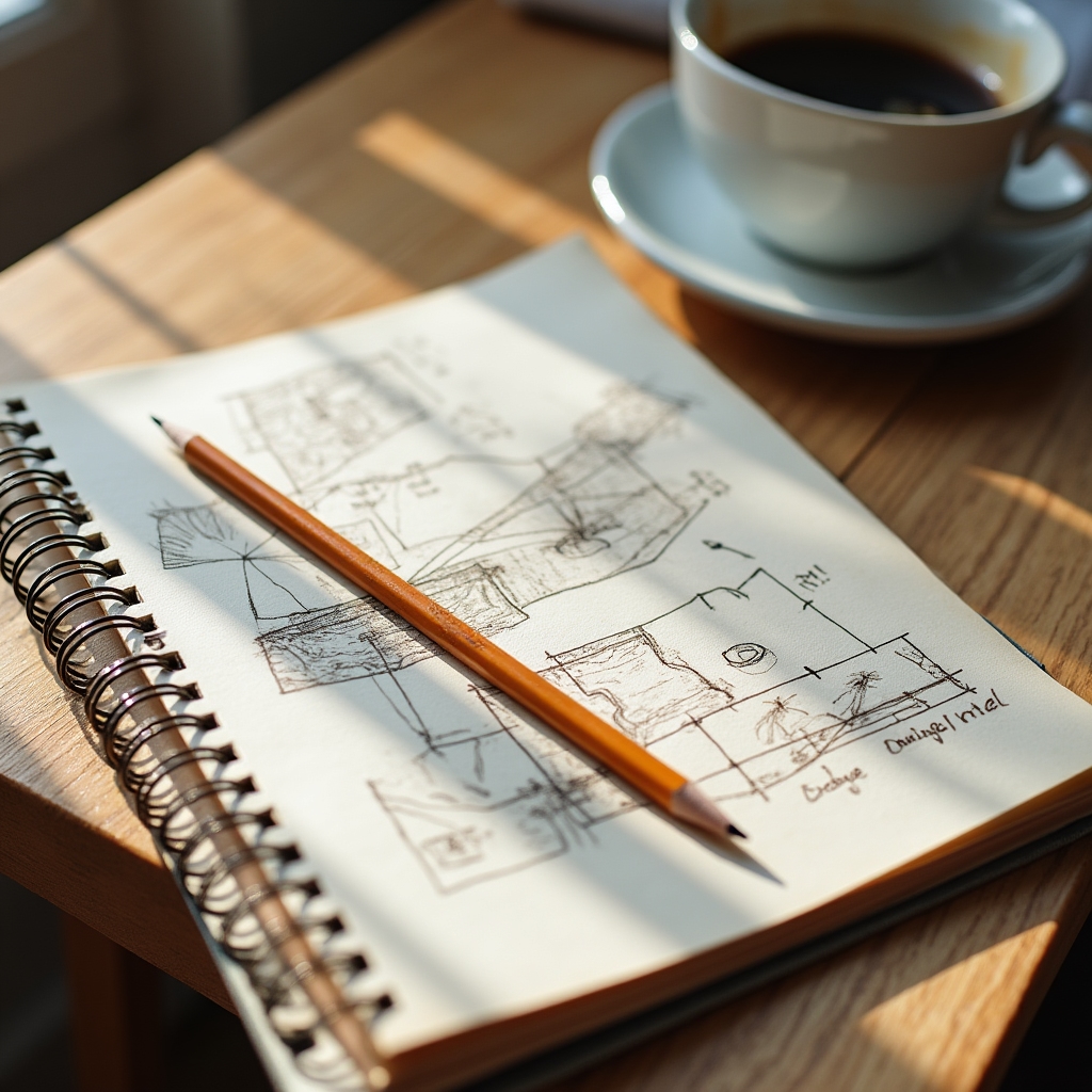 Handwritten notes and rooftop sketches used to plan an early solar workshop